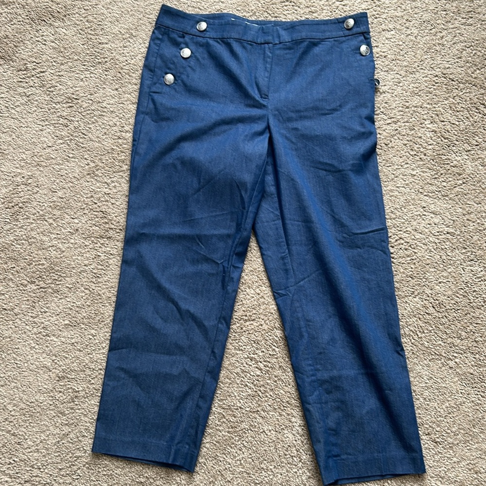 LOFT Nautical Blue Cropped Pants with Button Detail